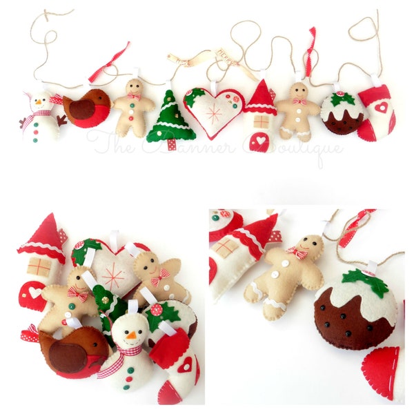 Cose tu propio kit de guirnaldas navideñas. Kit de fieltro. Guirnalda navideña. Adornos de fieltro. Pudín navideño, media navideña, pan de jengibre.