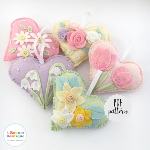 PDF pattern felt Flower decorations. Floral Hearts. Felt garland. Sewing kit. DIY craft.