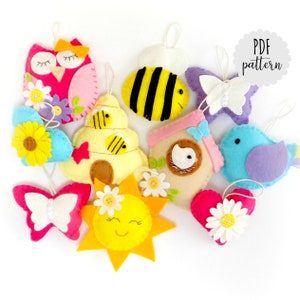 PDF pattern and instructions for Summer themed decorations. Instant download. Felt pattern. Felt decoration. Bee. Birdhouse. Sunshine.