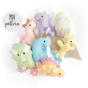 PDF pattern to make Pastel Dinosaur garland. Felt dinosaurs. Rainbow dinosaurs. Felt sewing pattern. PDF instructions.