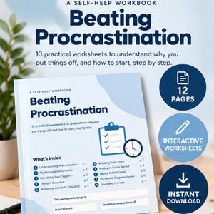 May include: A self-help workbook titled Beating Procrastination with 10 practical worksheets. The cover features a blue clipboard and clock icon, a list of contents, and fields for personal information. Includes 12 pages, interactive worksheets, and instant download.