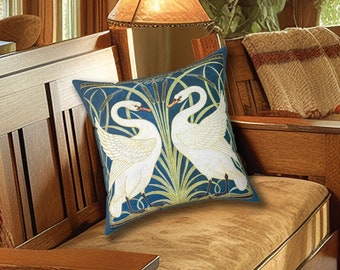 Swans Rushes Water Iris Spun Polyester Square Pillow Craftsman Style Art Nouveau Era c 1900 Mission Decor Bungalow Arts and Crafts Movement