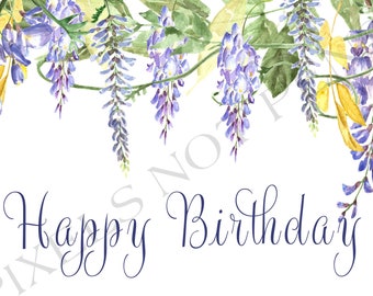 Wisteria Vine and Flowers Printable Birthday Card Instant Download White Purple Green Wishes