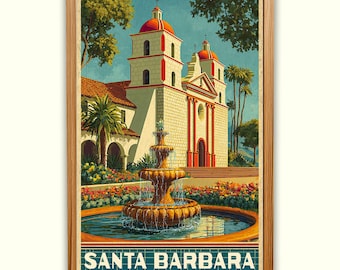 Santa Barbara Mission Vintage California WPA Style Travel Poster