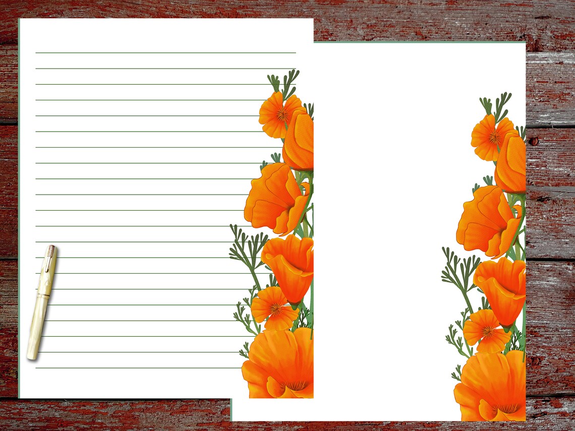 California Poppies Printable Stationery Instant Download Letter Size Journal Notebook Letter ...