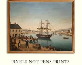 Primitive Maritime Harbor Folk Art 19th Century Whaling Port