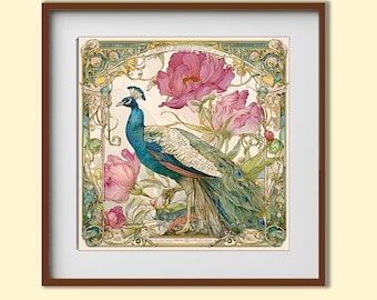 Art Nouveau Peacock Wall Art Ornate Belle Époque Decor Digital Download