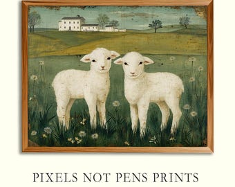 Primitive 2 Spring Lambs Folk Art Print