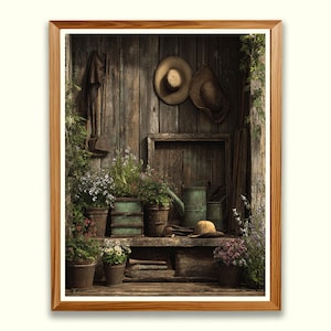 May include: A framed print depicting a rustic garden shed interior. The scene includes wooden planks, potted plants, gardening tools, and straw hats. The color palette is dominated by earthy tones of brown, green, and beige, creating a vintage aesthetic.