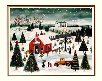 Vintage Christmas Tree Print, Snowy Farmhouse Landscape (Digital Download)