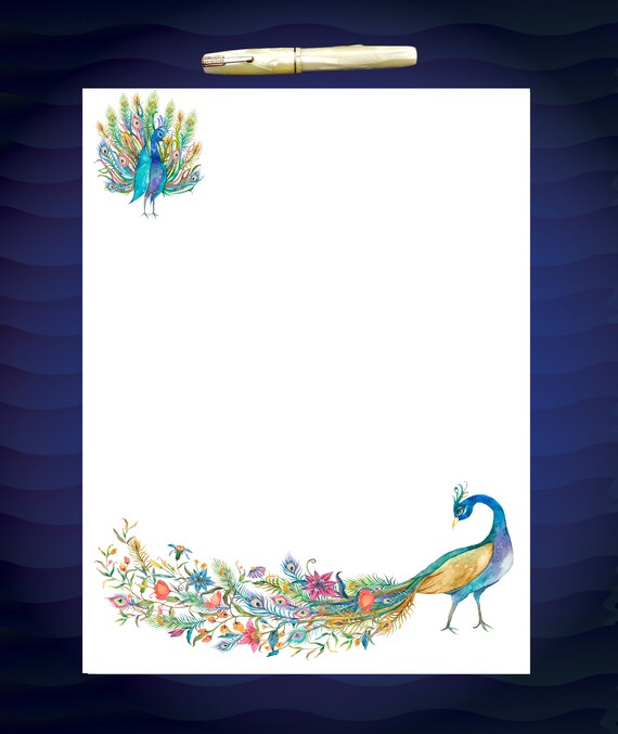 Peacock Stationery Watercolor Illustration Printable Download - Etsy