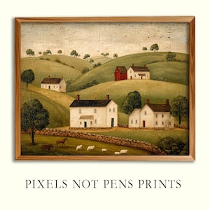 May include: A framed print of a pastoral landscape featuring rolling green hills, white houses, and a red barn. The artwork includes horses, sheep, and trees. The text "PIXELS NOT PENS PRINTS" is at the bottom.