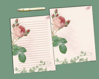 Vintage Rose Illustration Stationery Printable Download Lined and Unlined Journaling Letter Writing Scrapbook Diary Notebook