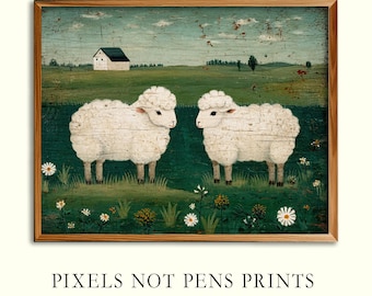 Primitive Two Spring Lambs Folk Art Print