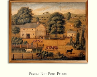 Primitive Early American Farmyard Landscape Print