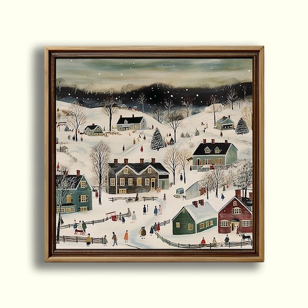 Winter Village Art Print, Naive Folk Snow Scene (Digital Download)