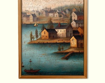 Primitive Early American Coastal Harbor Print