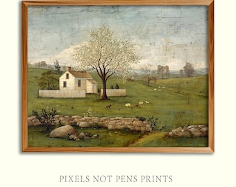 Early American Saltbox House Art Print Primitive Landscape Farmhouse Decor Rural Americana Wall Art