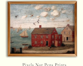 Primitive Early American Coastal Village Landscape Print
