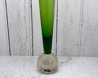 Vintage Green and Clear Bubble Base Vase