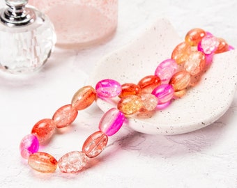 Pink and Orange Crackle Glass Oval Beads