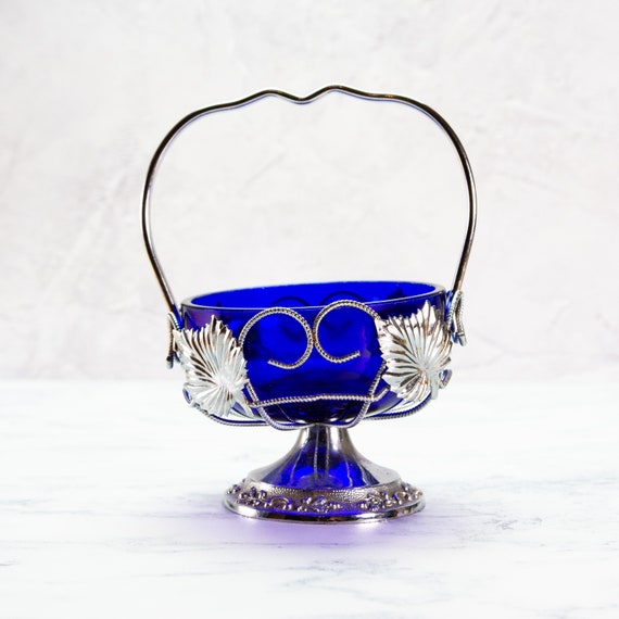 Vintage Cobalt Blue Glass Bowl And Metal Basket Etsy etsy