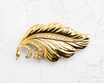 Vintage Gold and Rhinestone Leaf Brooch