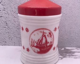 Vintage White Milk Glass Canister With Red Transfer Ware Designs
