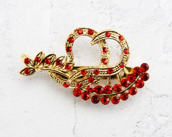 Vintage Red Rhinestone Leaf Brooch