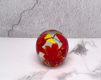 Vintage Glass Floral and Butterfly Paperweight