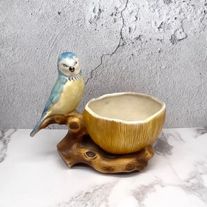 May include: A ceramic planter shaped like a bird perched on a branch. The bird is blue and yellow with a brown branch. The planter is brown and has a round, open top.