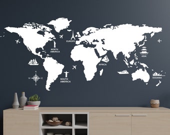 World Map Wall Decal, World Sights Kids World Map, Vinyl World Map, Wall Sticker Home Decoration.