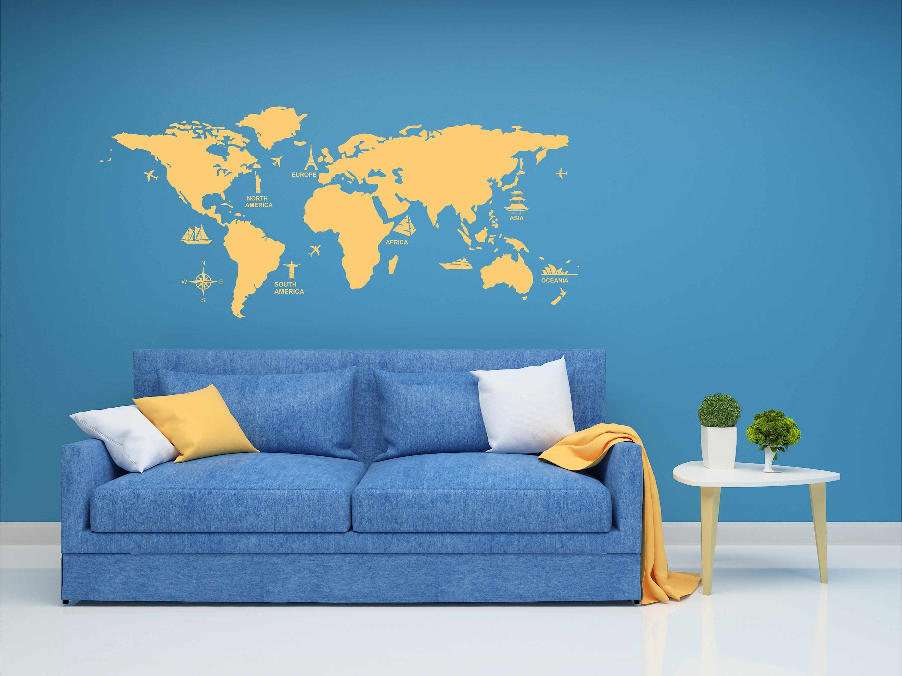 World Map Wall Decal World Sights Kids World Map Vinyl World Etsy