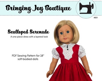 PDF Sewing Pattern, 18” Doll Clothes - Scalloped Serenade, 1930's Dress, Girl Doll Clothes, 18" Doll Dress - By BringingJoyBoutique