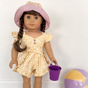 1940s Inspired Dido Doll Beach Playsuit & Reversible Sun Hat Set, 18" Girl Doll Clothes, Floral Cotton Romper, Sand Bucket Included