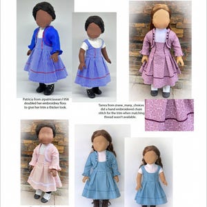 May include: Tester photos of different doll dresses. The dresses are in blue, pink, and purple with white trim. The dresses are all made with different fabrics and trims. The caption for the first photo says "Patricia from @patriciasears1958 doubled her embroidery floss to give her trim a thicker look."