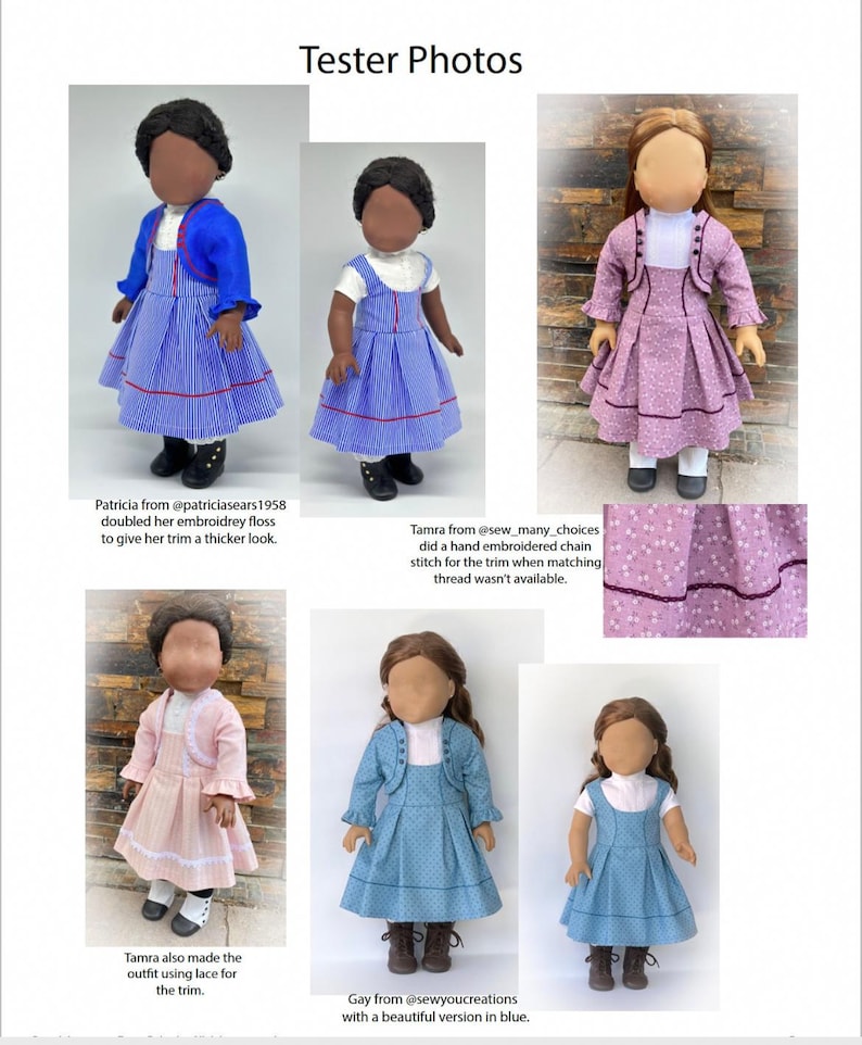 May include: Tester photos of different doll dresses. The dresses are in blue, pink, and purple with white trim. The dresses are all made with different fabrics and trims. The caption for the first photo says "Patricia from @patriciasears1958 doubled her embroidery floss to give her trim a thicker look."