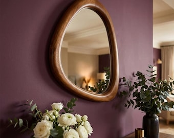 Asymmetrical Wooden Wall Mirror, Modern Walnut Full Length Mirror, Irregular Artistic Vanity Mirror, Contemporary Home Decor, Vintage mirror