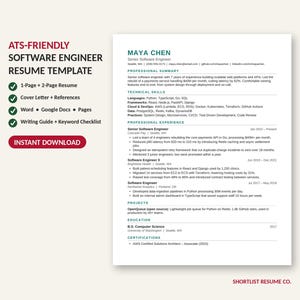 Könnte beinhalten: Eine ATS-freundliche Lebenslaufvorlage für Softwareentwickler mit Abschnitten für berufliche Zusammenfassung, technische Fähigkeiten, Erfahrung, Projekte, Ausbildung und Zertifizierungen. Das Dokument enthält den Namen Maya Chen und listet verschiedene Programmiersprachen auf.