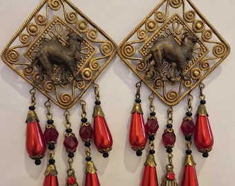 Vintage Camel Art Nouveau Gablonz Old Czech Red Pearl Glass Drop Earrings