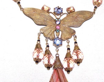 Vintage Unique Art Nouveau Gablonz Czech Rose and Pink Carved Glass Butterfly Rhinestone Necklace