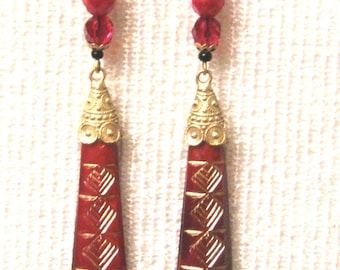 Vintage Gablonz Old Czech Carved Hand Gold-Filled Carved Glass Filigree Cherry Red Peak Extra Long Drop Earrings