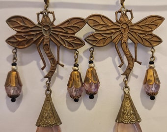 Vintage Unique Art Nouveau Dragonfly Pale Pink Czech Glass Drop Earrings