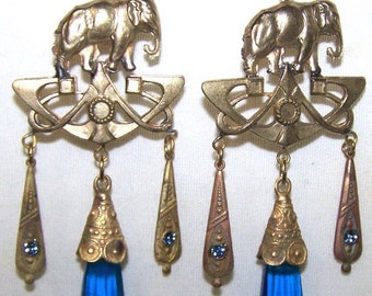 Vintage Art Nouveau Gablonz Old Czech Dark Turquoise Blue Glass Faceted Drop & Rhinestone Elephant Earrings - Medium Range (W4)