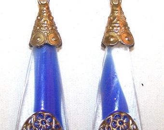 Vintage Unique Gablonz Old Czech Crystal Sapphire 'Marble' Blue Glass Hand Gold Filled Earrings