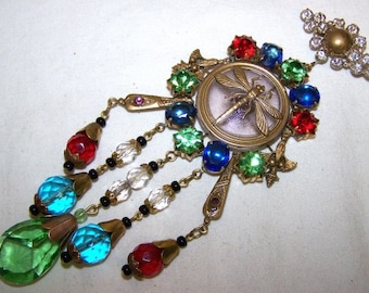 Vintage Art Nouveau Gablonz Old Czech Cornflower Blue Glass Dragonfly Brooch Pearl & Rhinestone