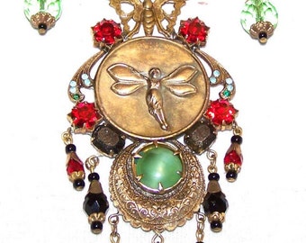 Vintage Unique Art Nouveau Gablonz Czech Glass & Rhinestone Fairy with Butterfly Necklace