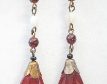 Vintage Unique Art Nouveau Gablonz Old Czech Faceted Red & White Glass Bead Drop Earrings - Smaller Range