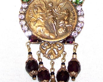 Vintage Unique Art Nouveau Gablonz Czech Carved Amethyst and Blue Green Glass & Rhinestone Fairy / Angel with Horses Necklace