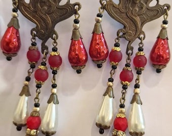 Vintage Unique Art Nouveau Lady Gablonz Old Czech Blood Red Glass Drop Earrings with Pearls